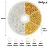 A circular plastic organizer case containing 840 gold-colored jewelry findings in various sizes and quantities.