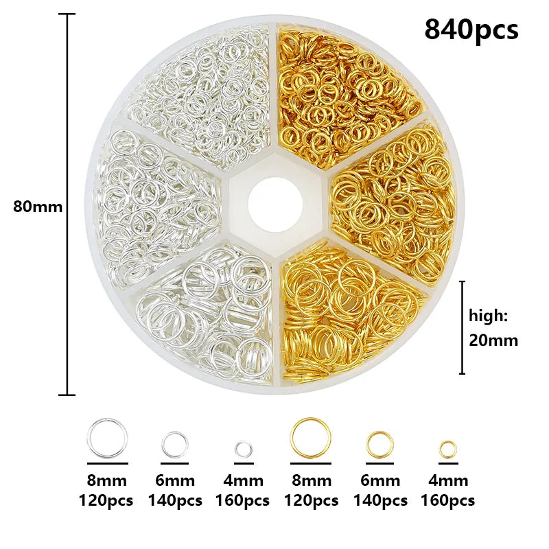 A circular plastic organizer case containing 840 gold-colored jewelry findings in various sizes and quantities.