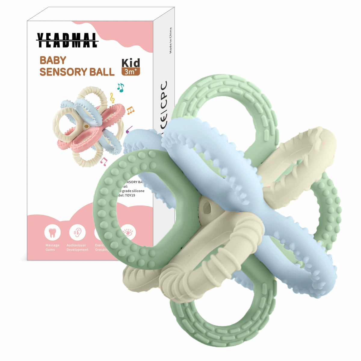 A set of three silicone teether balls in light green, blue, and beige for baby sensory development.