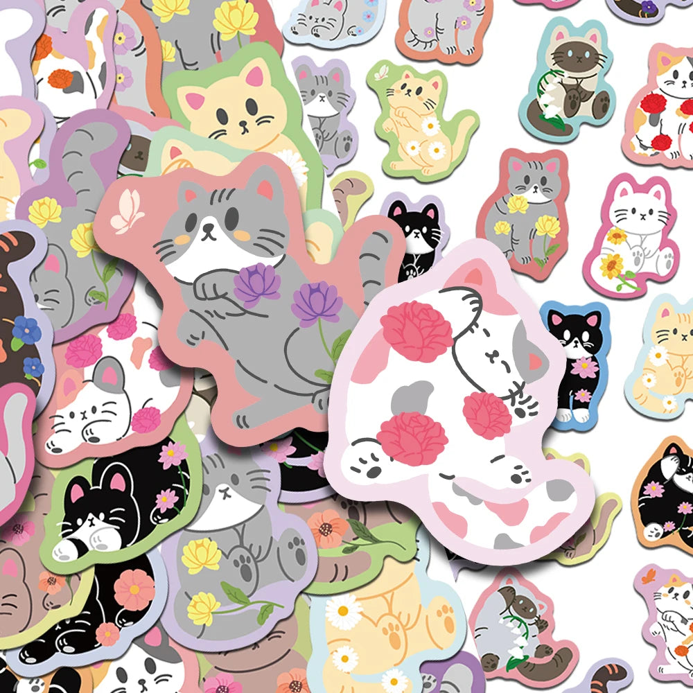 A colorful assortment of cute cartoon cat stickers featuring various poses and expressions.