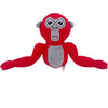 A red and gray plush toy of a monke with large eyes and expressive features.