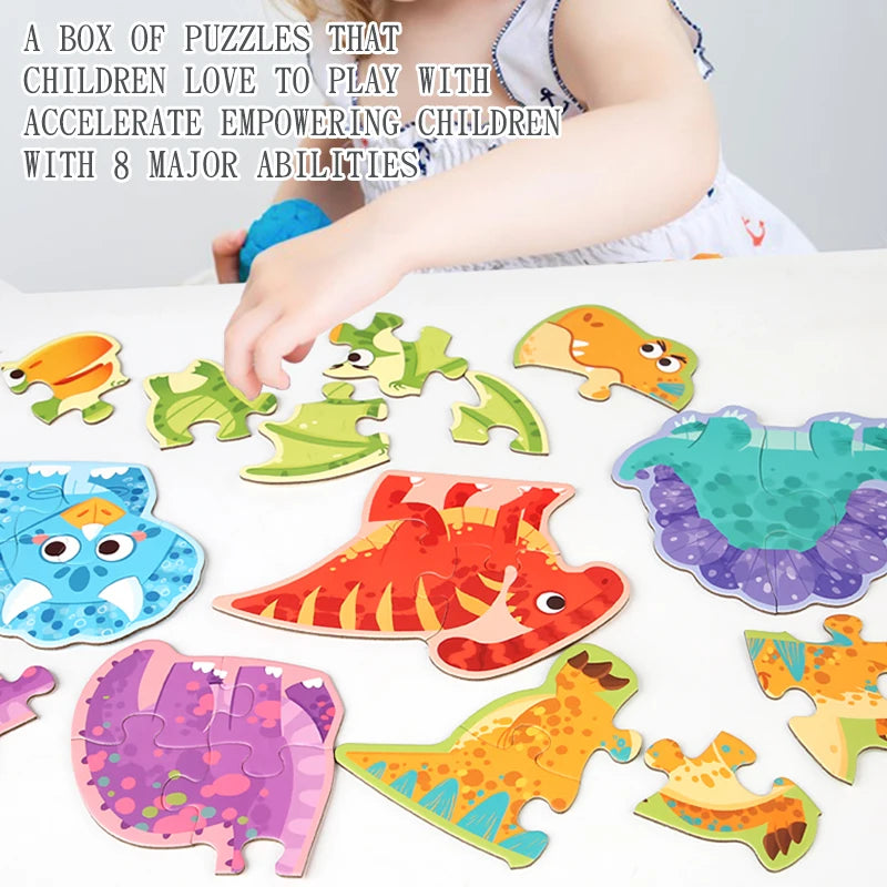 A box of wooden animal jigsaw puzzles for children, featuring various colorful animals like a tiger and a dinosaur.