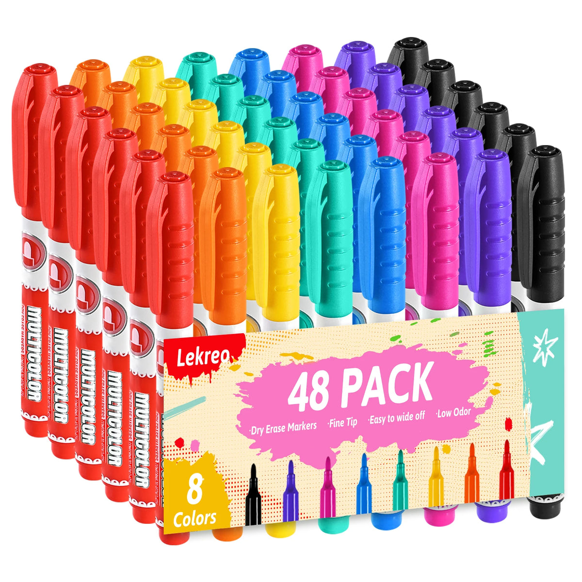 A pack of 48 dry erase markers in various colors and chisel tips arranged in a row.