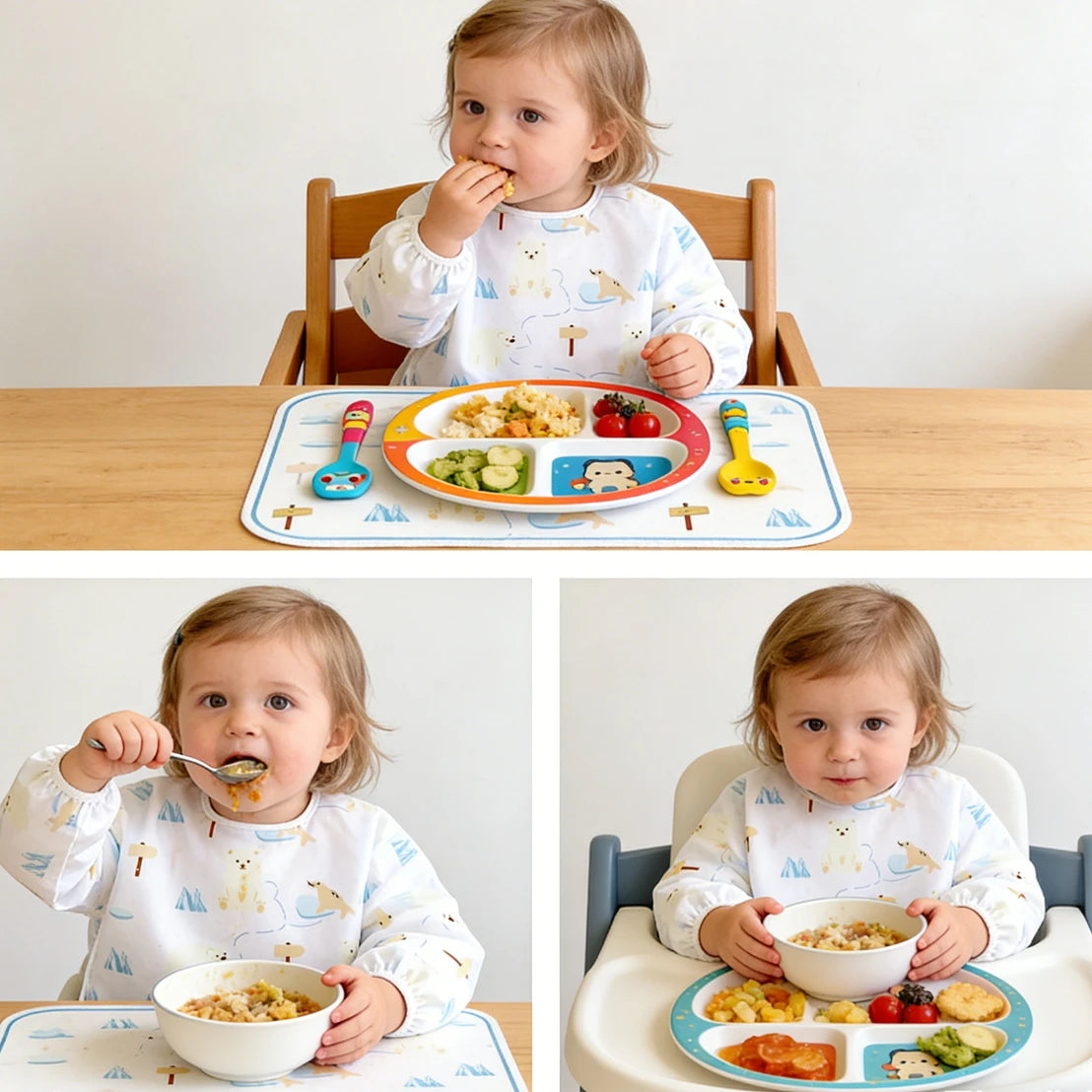 Two babies are shown eating food with waterproof full sleeve baby bibs on a wooden table.