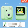Front and back views of a light green instant print camera showing the front lens and screen interface