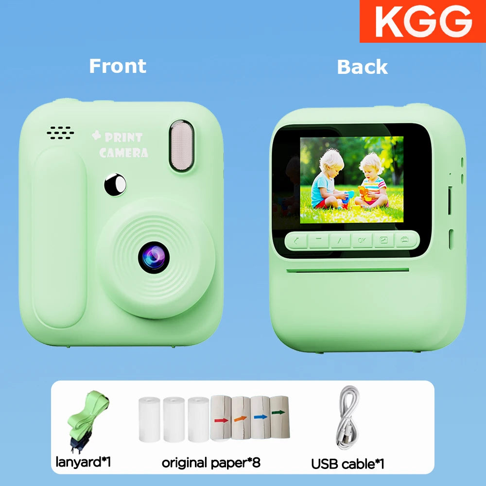 Front and back views of a light green instant print camera showing the front lens and screen interface