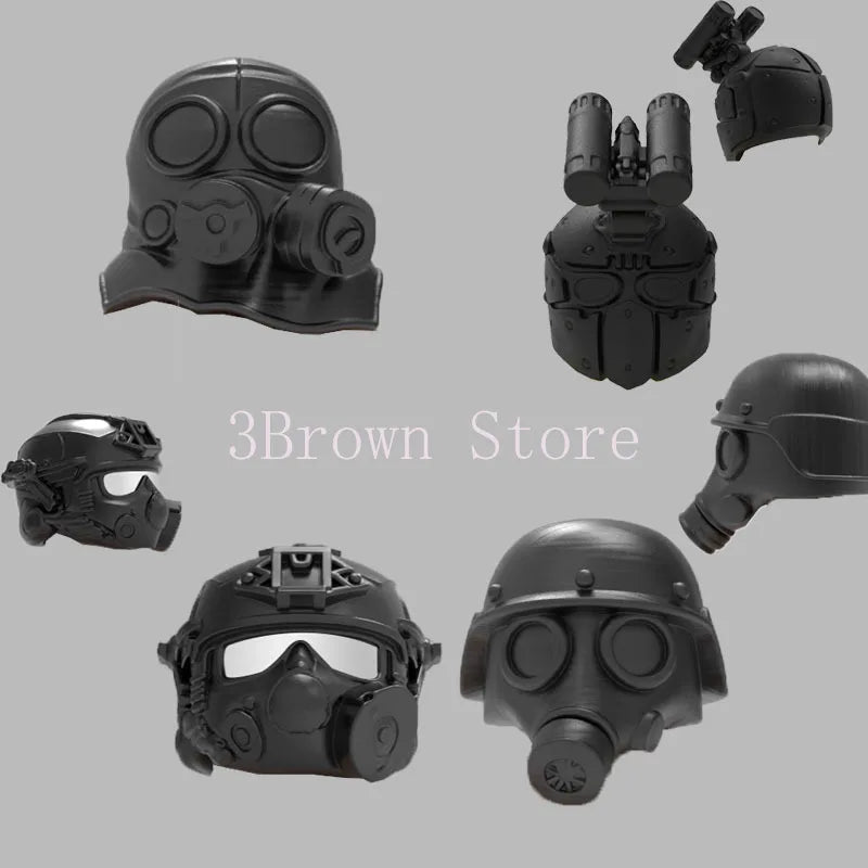 A set of black military building blocks with gun and helmet accessories.