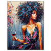 A vibrant painting of an African woman with curly hair looking to the side, holding a glass of red wine.