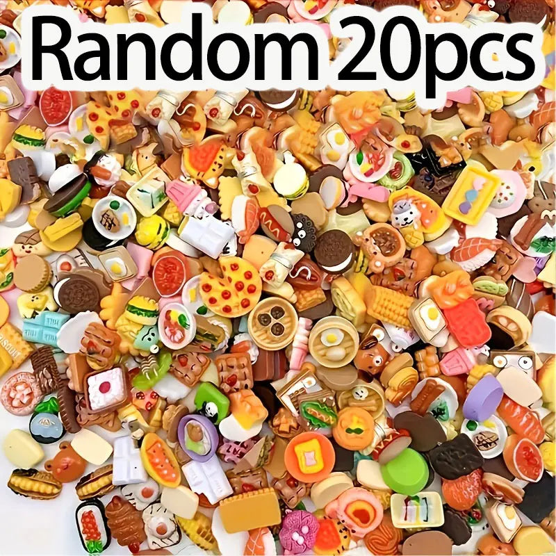 A close-up of a random assortment of miniature food items including cakes, snacks, and candies.