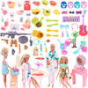 A collection of mini dollhouse cleaning and medical accessories for dolls, including tools, bandages, and instruments.