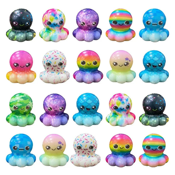 A collection of colorful Christmas stress balls and fidget toys in various shades and patterns.
