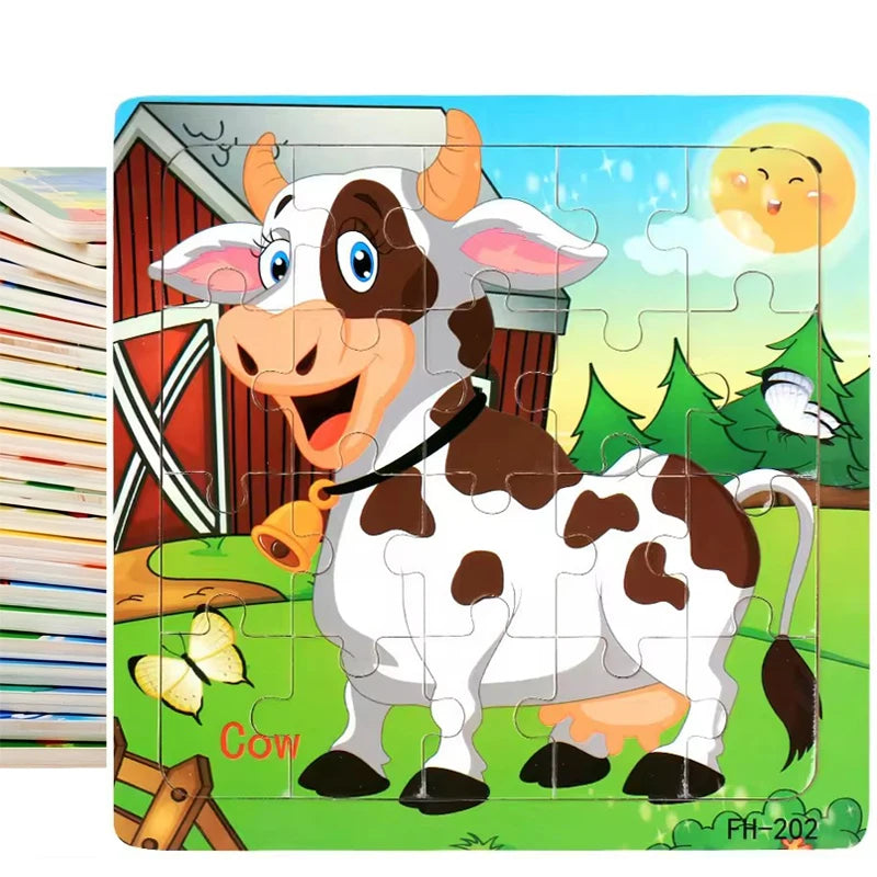 A jigsaw puzzle featuring a cartoon cow in a field with a barn and a rising sun.