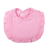 Pink ruffled muslin cotton baby bib with an adjustable snap closure