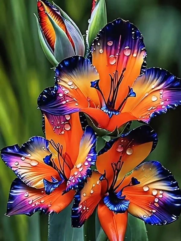 Vibrant orange and purple lily flower with water droplets on petals.