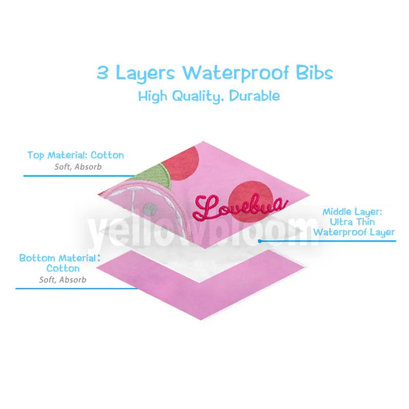 Three-layered waterproof bibs made of cotton with a pink and green design for baby feeding.