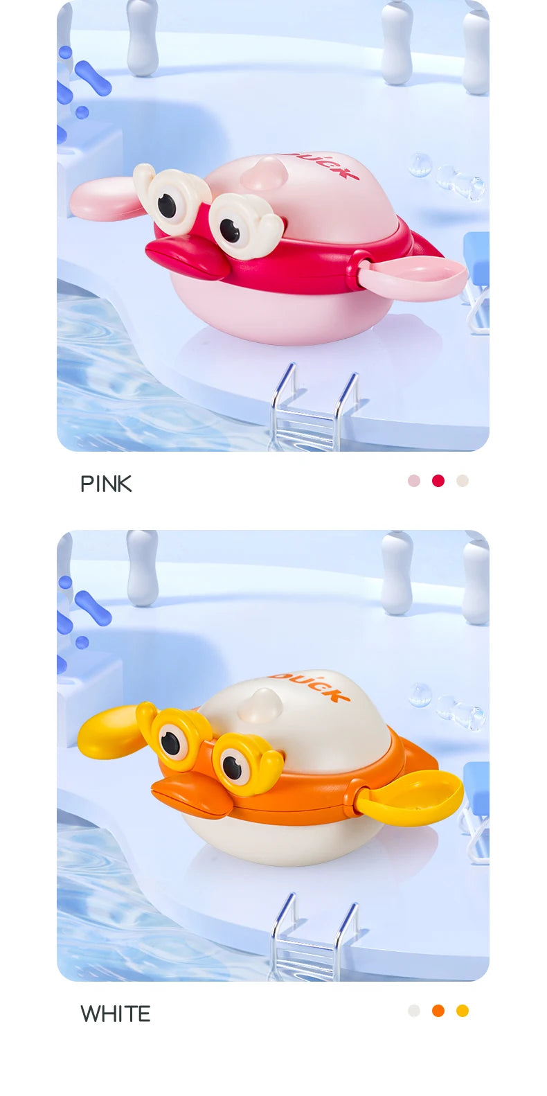 Pink and white wind-up swimming bath toys for kids featuring duck and other animals