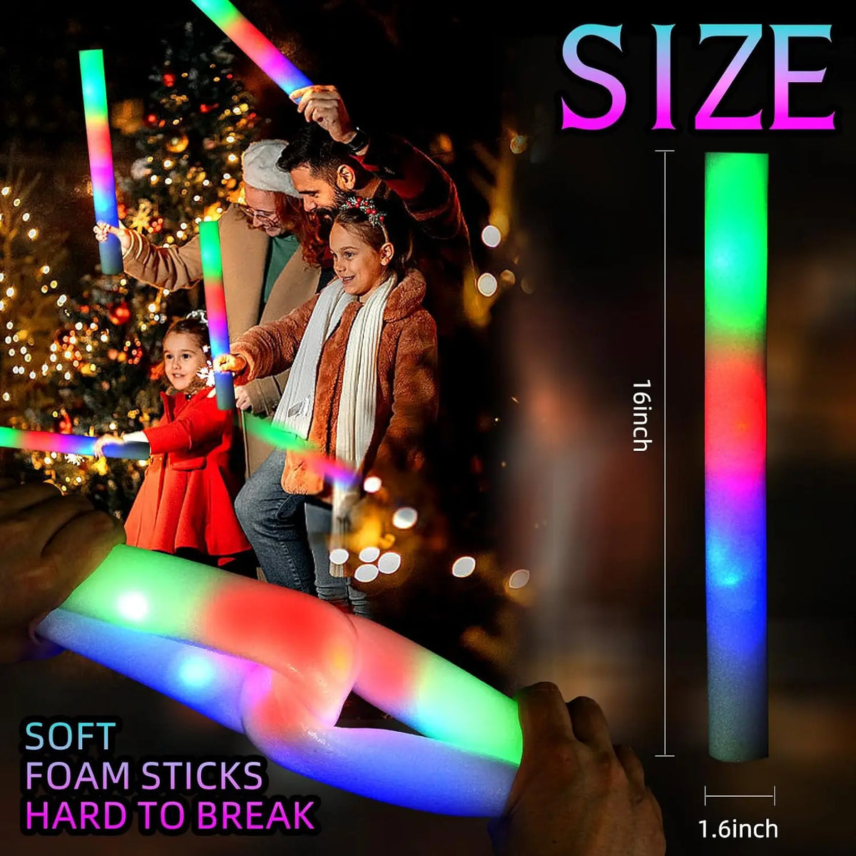 A hand holds a glowing foam LED stick next to people playing with similar glow sticks in a festive setting.