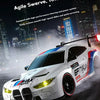 A white 4WD RC drift car with yellow LED lights is shown in motion on a track.