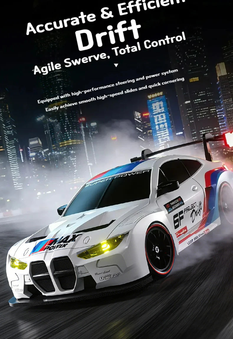 A white 4WD RC drift car with yellow LED lights is shown in motion on a track.