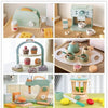 Wooden pretend play kitchen set featuring a coffee maker and various tea accessories for children.