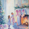 A painting of a girl in a lavender dress standing by a fireplace decorated with Christmas greenery and pink socks.
