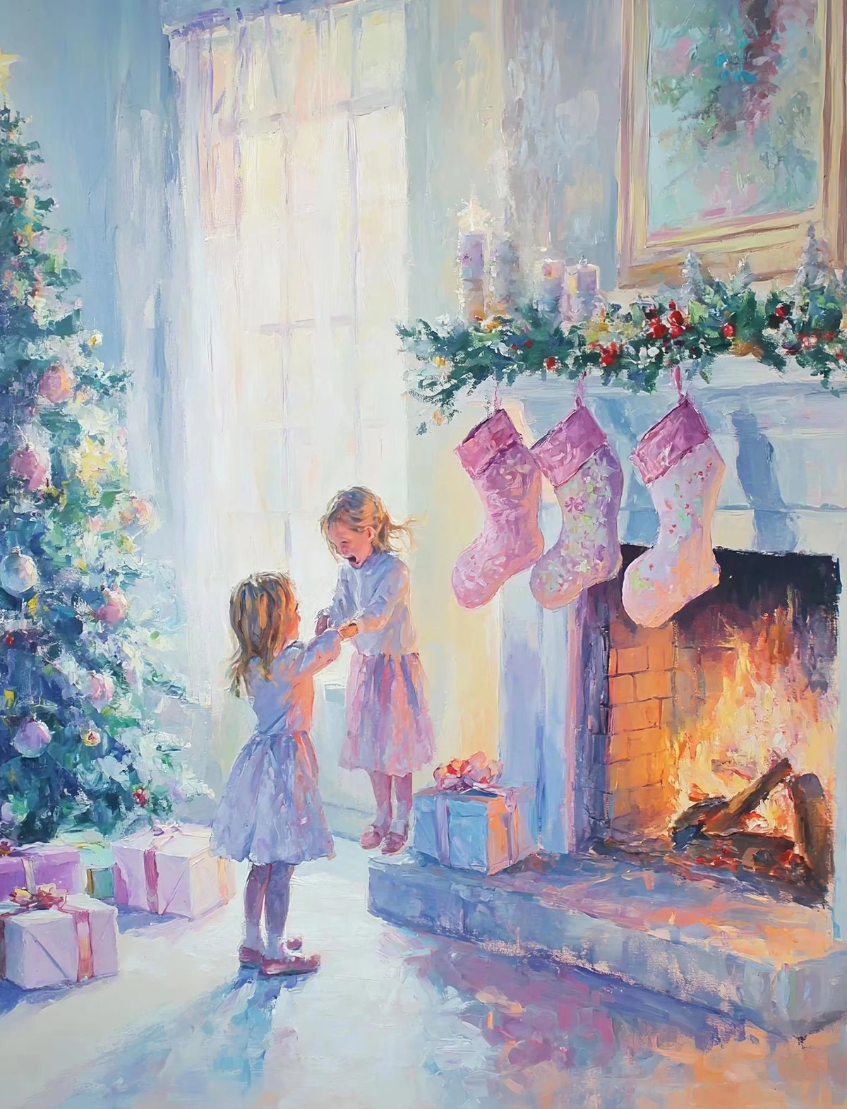 A painting of a girl in a lavender dress standing by a fireplace decorated with Christmas greenery and pink socks.
