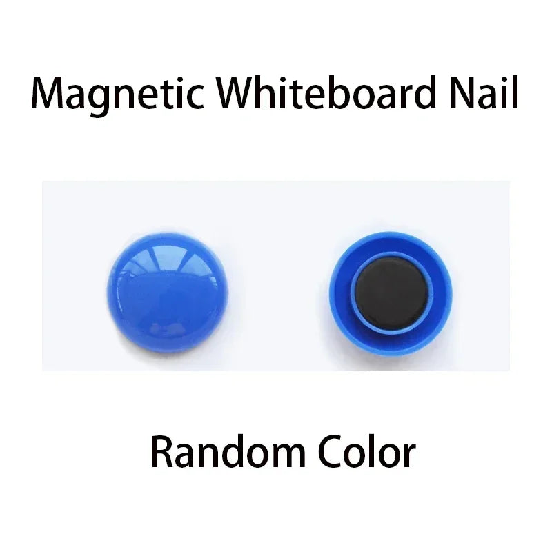 A close-up view of a magnetic whiteboard nail in blue and black colors.
