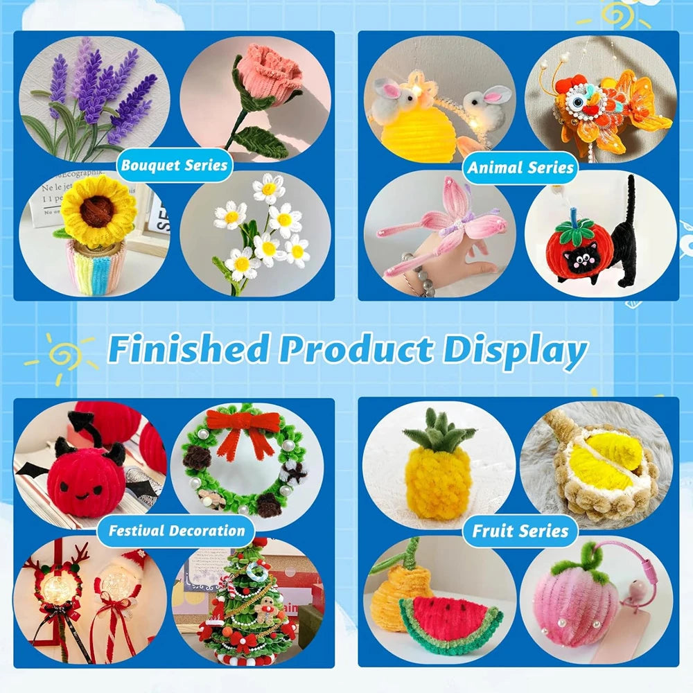 A display of various finished products including bouquets, animal series, festival decorations, and fruit series made from mu