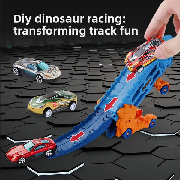 A hand holds a blue transforming dinosaur racing track toy with several small cars on a black hexagonal surface.