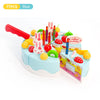 A blue pretend play birthday cake tea set with various colorful accessories and a red knife.