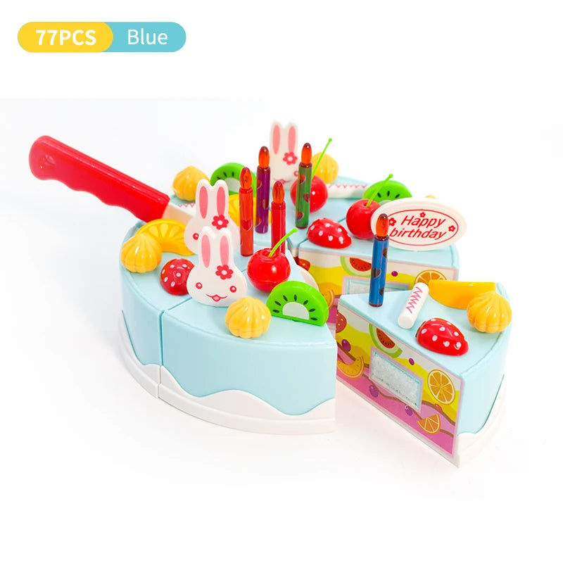 A blue pretend play birthday cake tea set with various colorful accessories and a red knife.
