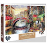 A 1000-piece jigsaw puzzle depicting a historic scene with a stone bridge and buildings adorned with flowers.