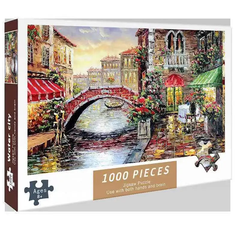 A 1000-piece jigsaw puzzle depicting a historic scene with a stone bridge and buildings adorned with flowers.