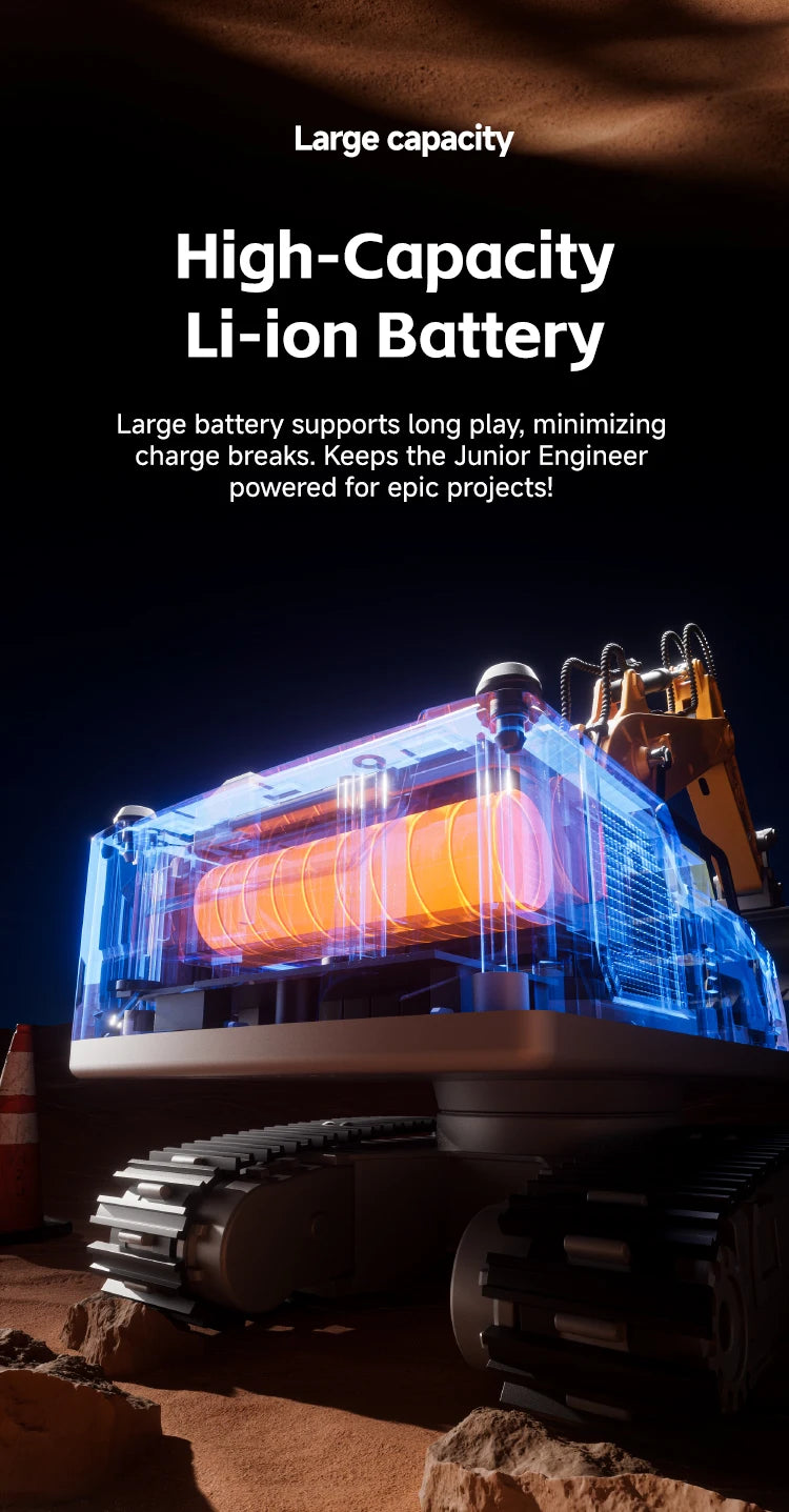 A high-capacity Li-ion battery powering an RC excavator engineering truck model.