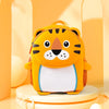 A bright orange tiger-themed backpack for kids with black stripes and white accents.