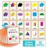 Un jeu de 38 cartes d'apprentissage montrant diverses couleurs et formes géométriques pour enfants.