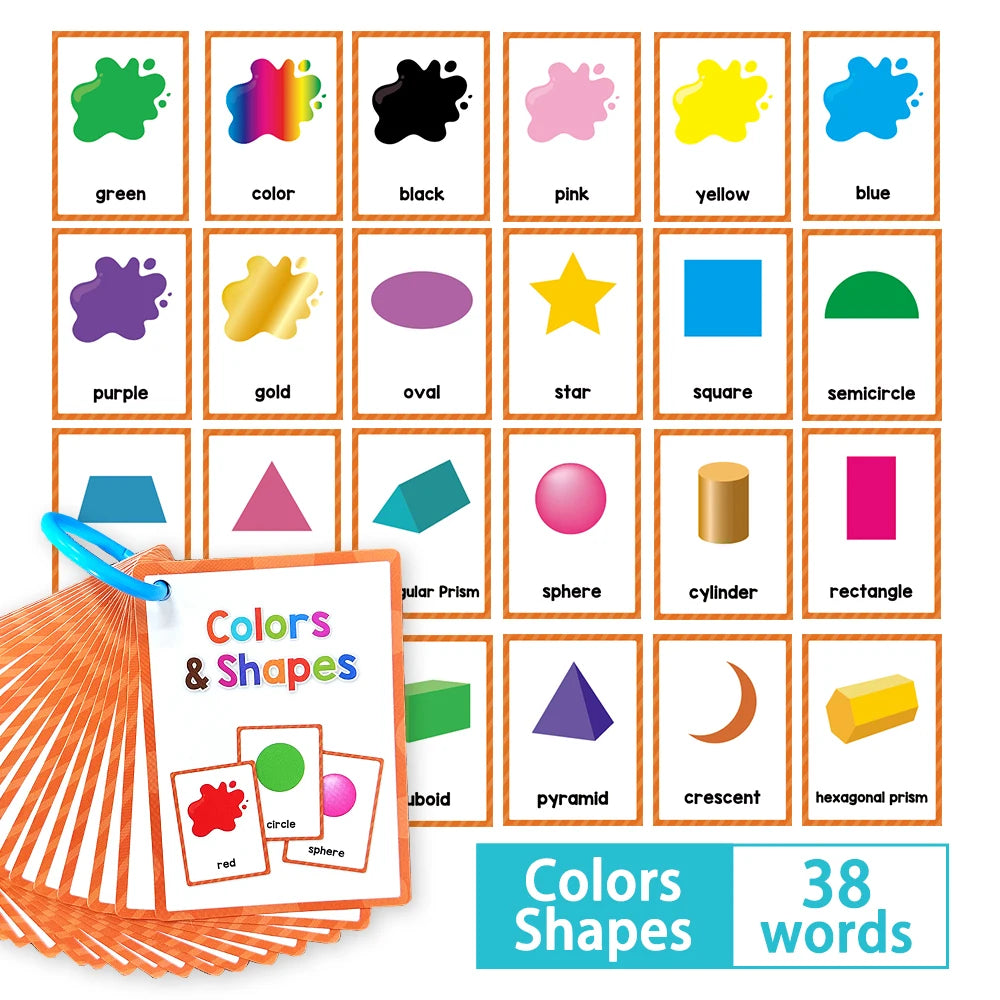 Un jeu de 38 cartes d'apprentissage montrant diverses couleurs et formes géométriques pour enfants.