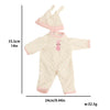 A light pink cotton doll outfit for a 12-inch doll featuring a hood and full body suit.