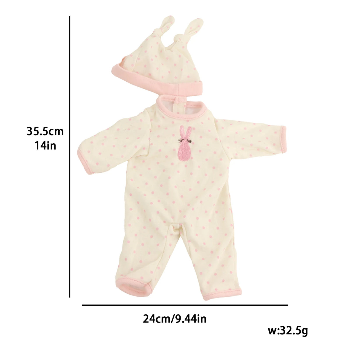 A light pink cotton doll outfit for a 12-inch doll featuring a hood and full body suit.