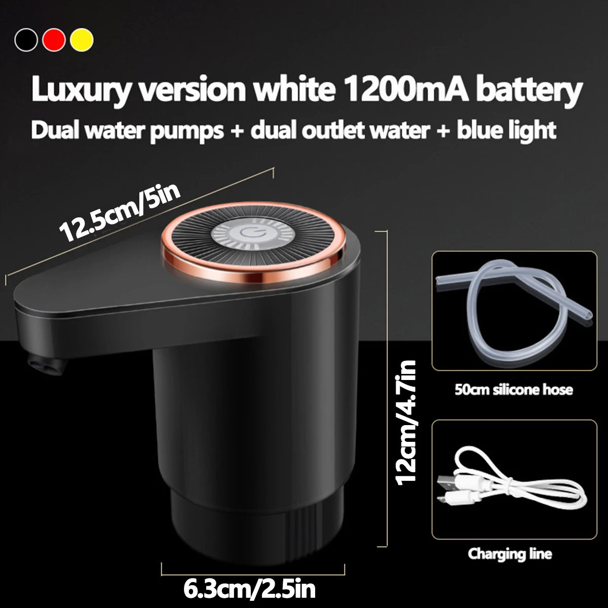 Black electric water dispenser pump with dual outlets and blue light features.