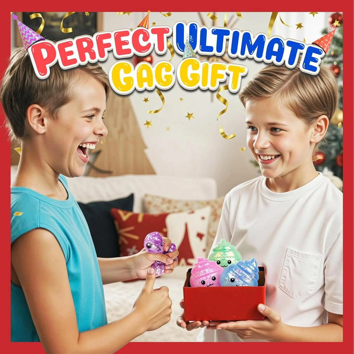 Two children smiling while holding a red box of glitter poop stress balls and fidget toys