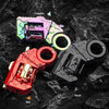A collection of colorful and black alloy fidget toy guns with shells, displayed on a dark, textured surface.