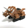 A die-cast dinosaur truck toy with a removable dinosaur figure in brown and black colors.