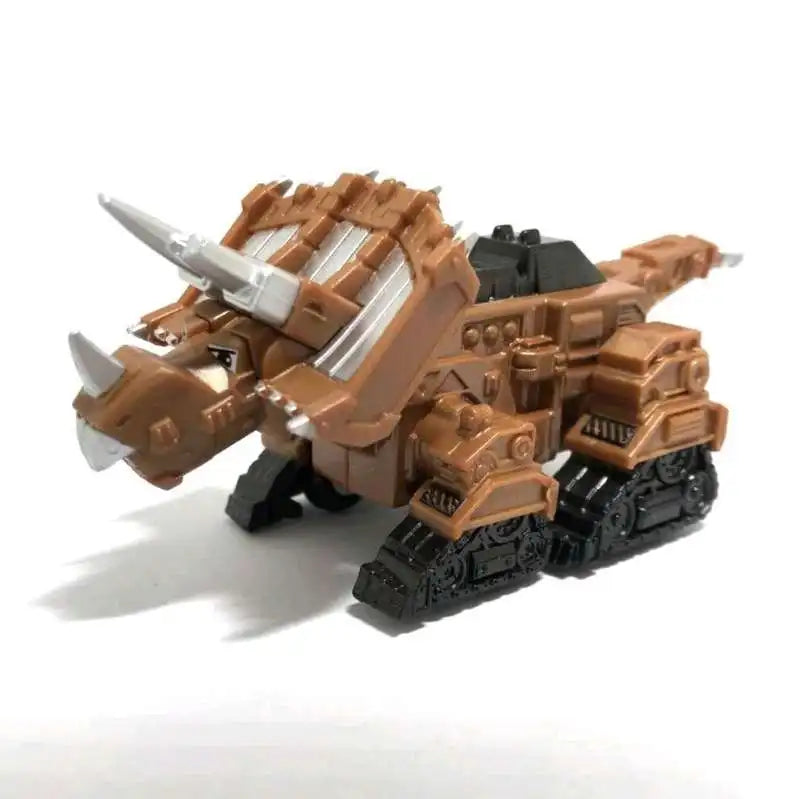 A die-cast dinosaur truck toy with a removable dinosaur figure in brown and black colors.