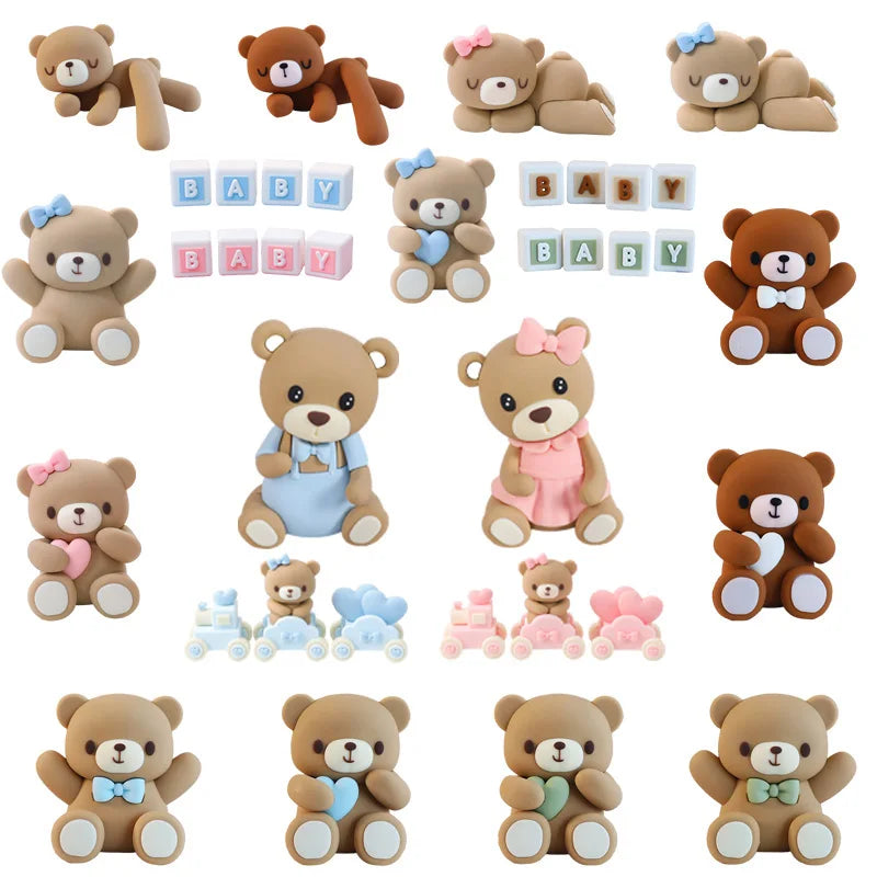 A collection of various 3D bear cake toppers in different colors and styles for birthdays and baby showers.