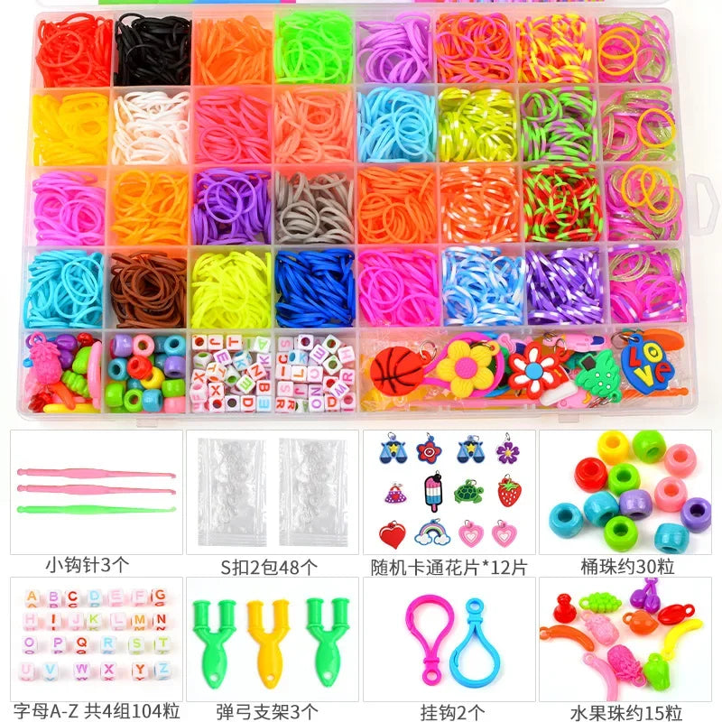 A collection of rainbow colored loom bands, beads, and string kits for DIY bracelet making.