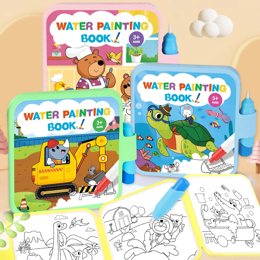 A set of watercolor painting books for kids featuring various scenes and characters like a bear and a dinosaur.