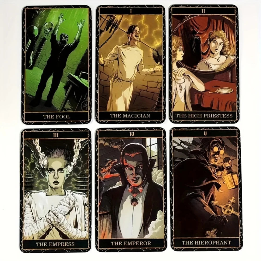 A set of ten tarot cards featuring classic horror characters like The Fool, The Magician, The Empress, and The Hierophant.