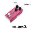 A pink guitar pedal labeled FUZZ with multiple knobs and a cable connected to it.