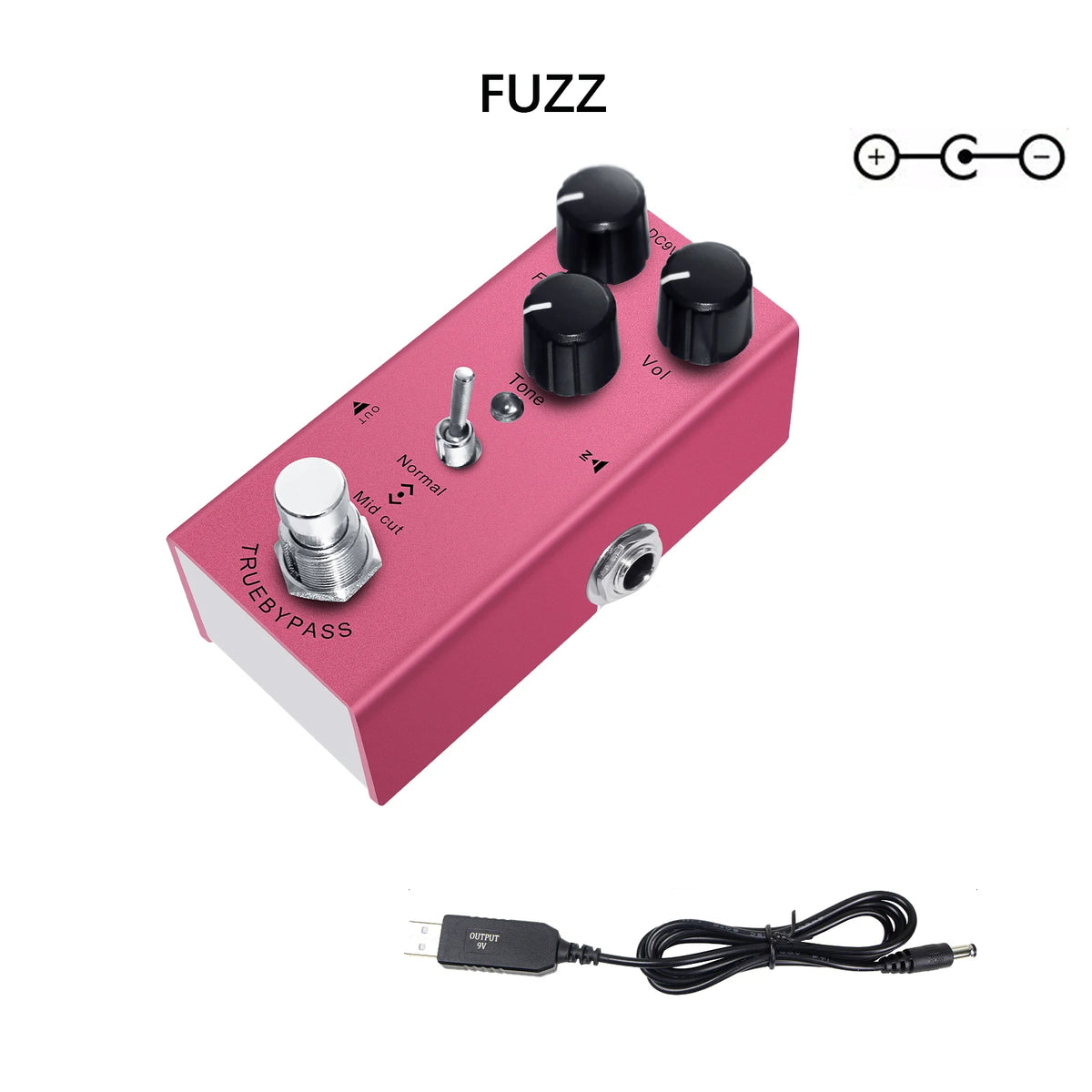A pink guitar pedal labeled FUZZ with multiple knobs and a cable connected to it.
